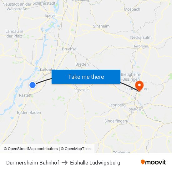 Durmersheim Bahnhof to Eishalle Ludwigsburg map