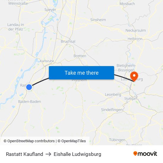 Rastatt Kaufland to Eishalle Ludwigsburg map