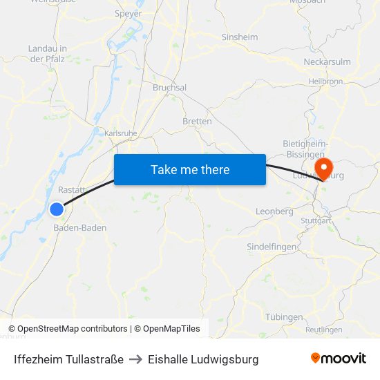 Iffezheim Tullastraße to Eishalle Ludwigsburg map