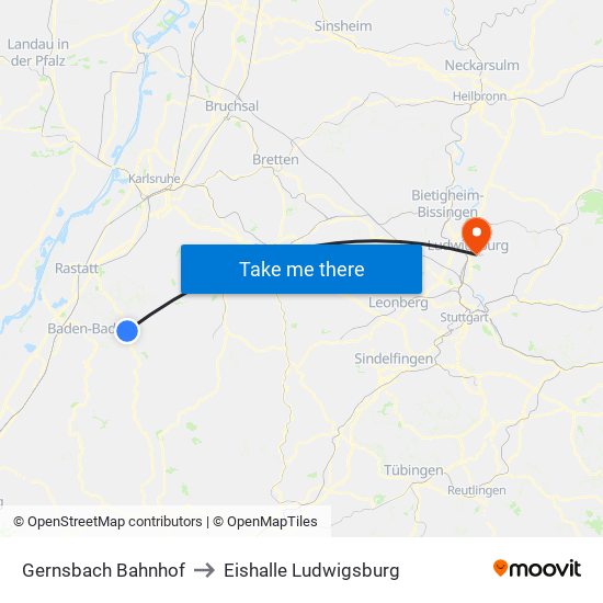 Gernsbach Bahnhof to Eishalle Ludwigsburg map