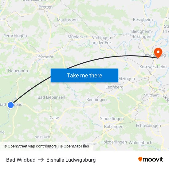 Bad Wildbad to Eishalle Ludwigsburg map