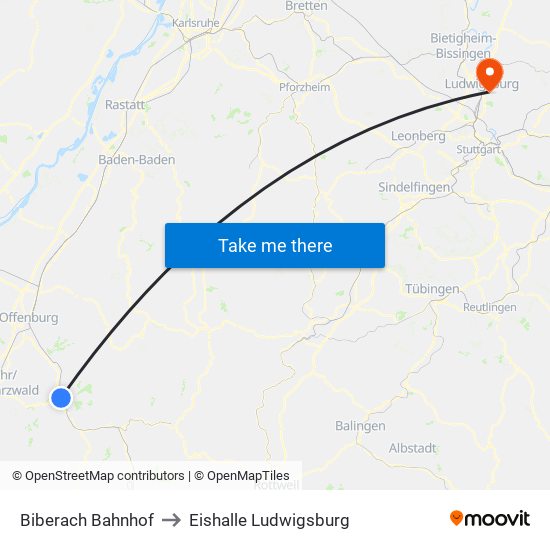 Biberach Bahnhof to Eishalle Ludwigsburg map