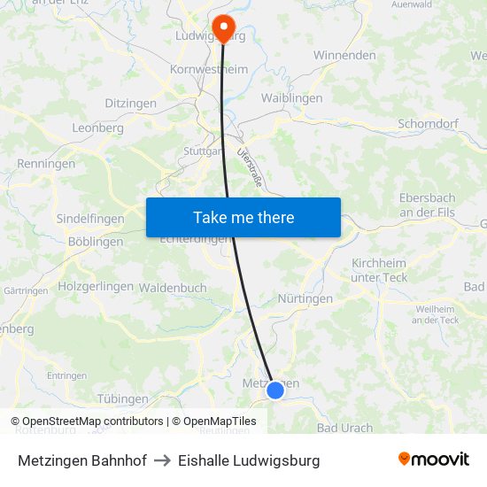 Metzingen Bahnhof to Eishalle Ludwigsburg map