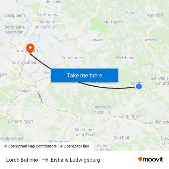 Lorch Bahnhof to Eishalle Ludwigsburg map
