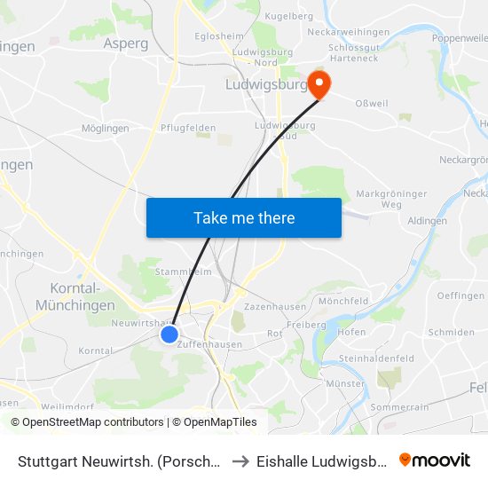Stuttgart Neuwirtsh. (Porschep.) to Eishalle Ludwigsburg map