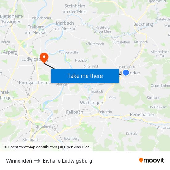 Winnenden to Eishalle Ludwigsburg map