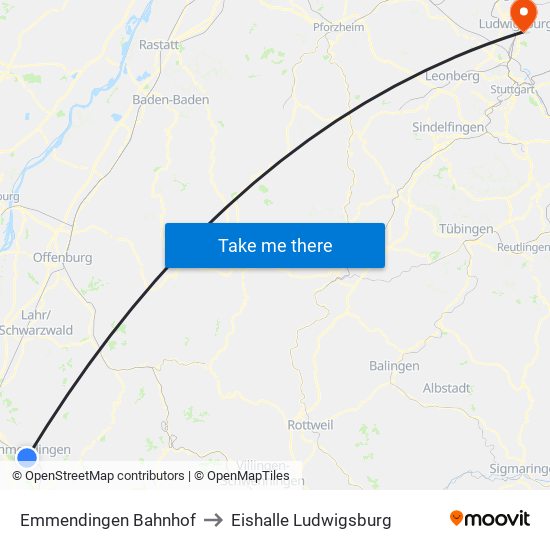 Emmendingen Bahnhof to Eishalle Ludwigsburg map