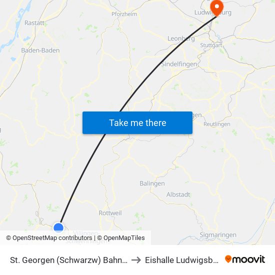 St. Georgen (Schwarzw) Bahnhof to Eishalle Ludwigsburg map