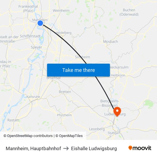 Mannheim, Hauptbahnhof to Eishalle Ludwigsburg map