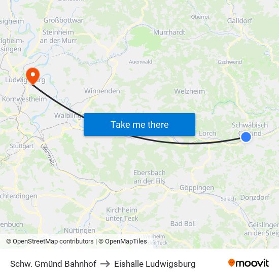 Schw. Gmünd Bahnhof to Eishalle Ludwigsburg map