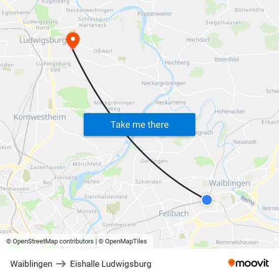 Waiblingen to Eishalle Ludwigsburg map