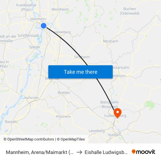 Mannheim, Arena/Maimarkt (Db) to Eishalle Ludwigsburg map