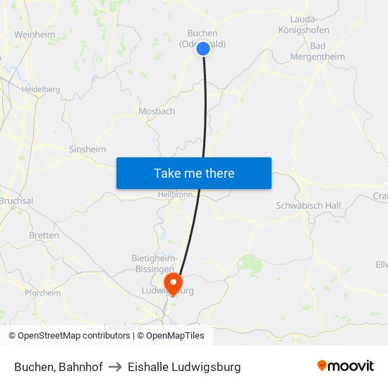 Buchen, Bahnhof to Eishalle Ludwigsburg map