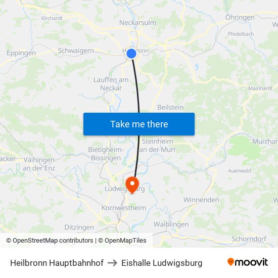 Heilbronn Hauptbahnhof to Eishalle Ludwigsburg map