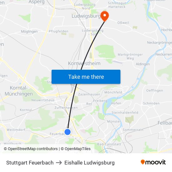 Stuttgart Feuerbach to Eishalle Ludwigsburg map