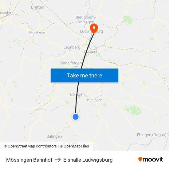 Mössingen Bahnhof to Eishalle Ludwigsburg map