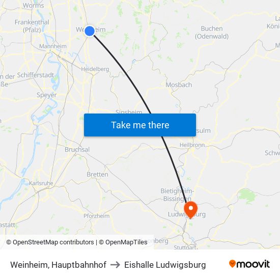 Weinheim, Hauptbahnhof to Eishalle Ludwigsburg map