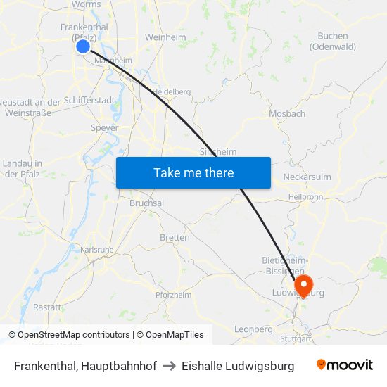 Frankenthal, Hauptbahnhof to Eishalle Ludwigsburg map