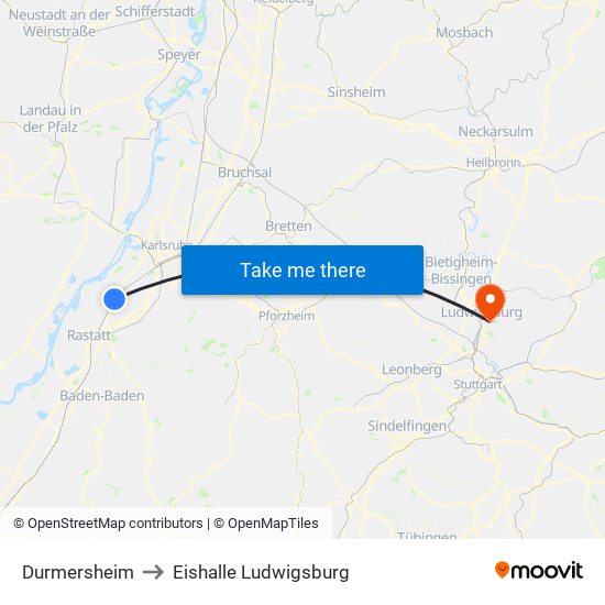 Durmersheim to Eishalle Ludwigsburg map