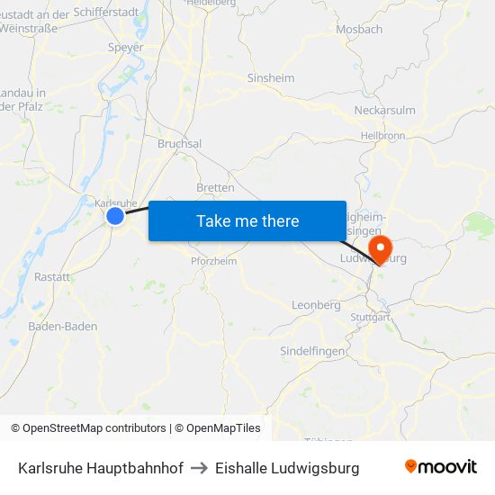 Karlsruhe Hauptbahnhof to Eishalle Ludwigsburg map