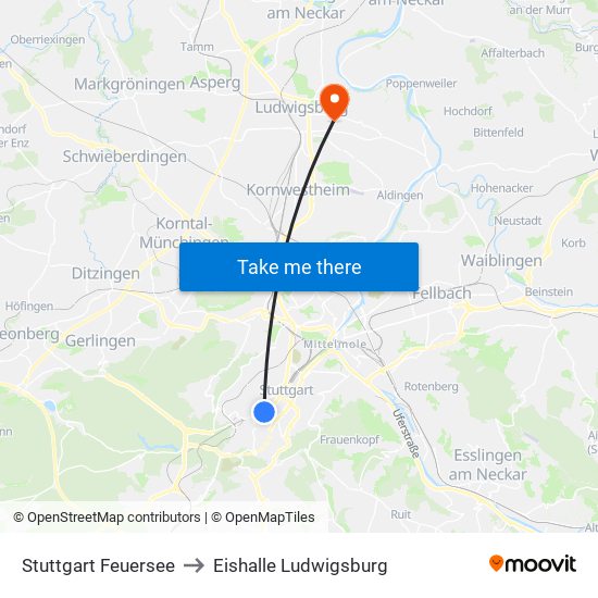 Stuttgart Feuersee to Eishalle Ludwigsburg map