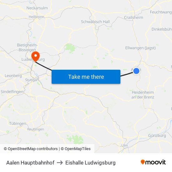 Aalen Hauptbahnhof to Eishalle Ludwigsburg map