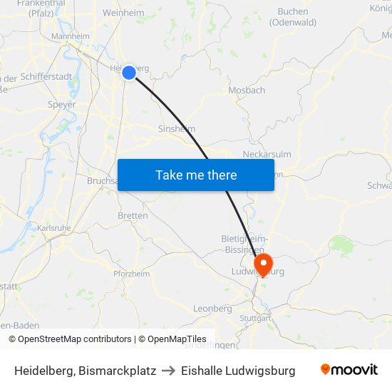 Heidelberg, Bismarckplatz to Eishalle Ludwigsburg map