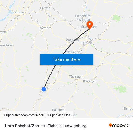 Horb Bahnhof/Zob to Eishalle Ludwigsburg map