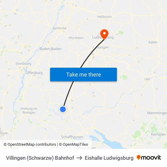 Villingen (Schwarzw) Bahnhof to Eishalle Ludwigsburg map