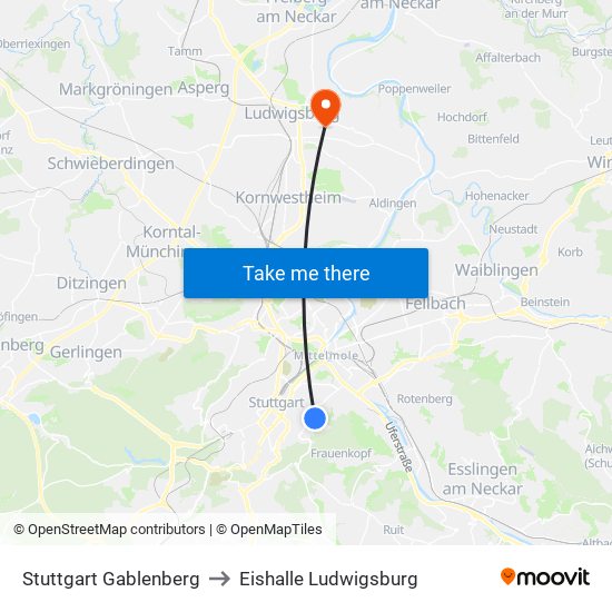 Stuttgart Gablenberg to Eishalle Ludwigsburg map