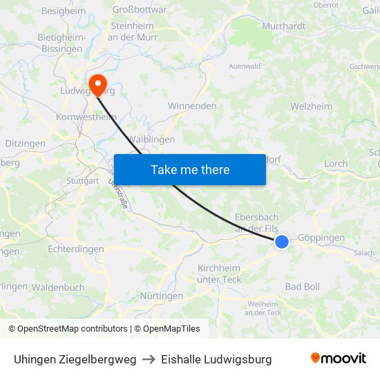 Uhingen Ziegelbergweg to Eishalle Ludwigsburg map