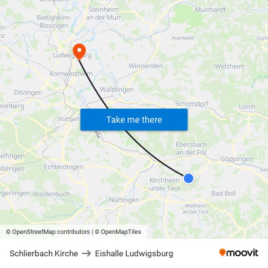 Schlierbach Kirche to Eishalle Ludwigsburg map