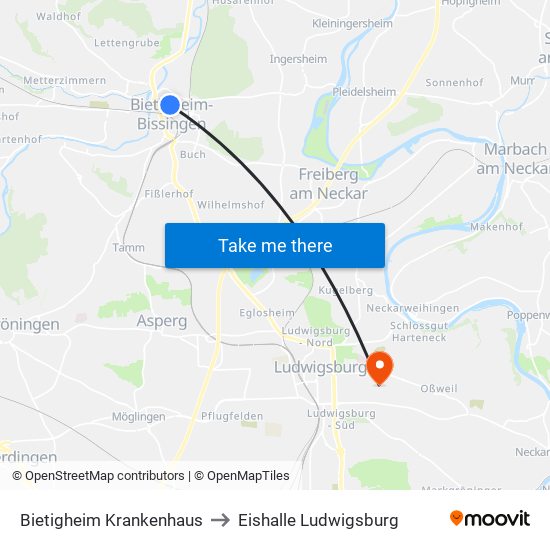 Bietigheim Krankenhaus to Eishalle Ludwigsburg map
