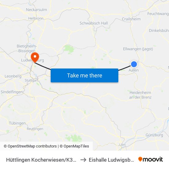 Hüttlingen Kocherwiesen/K3311 to Eishalle Ludwigsburg map