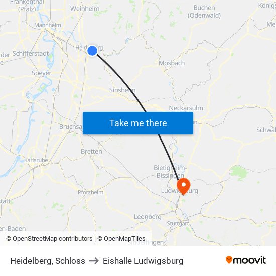 Heidelberg, Schloss to Eishalle Ludwigsburg map