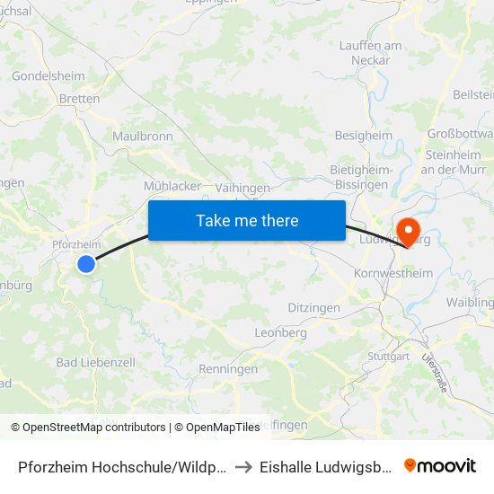 Pforzheim Hochschule/Wildpark to Eishalle Ludwigsburg map