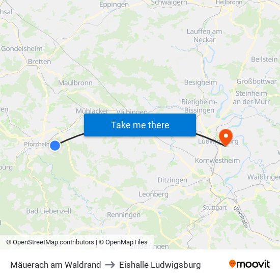 Mäuerach am Waldrand to Eishalle Ludwigsburg map
