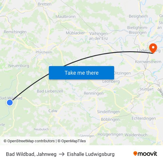 Bad Wildbad, Jahnweg to Eishalle Ludwigsburg map