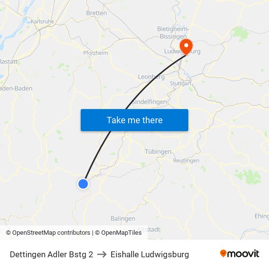 Dettingen Adler Bstg 2 to Eishalle Ludwigsburg map