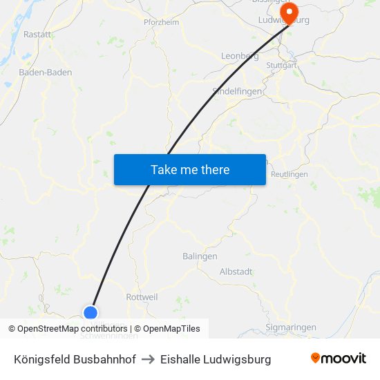 Königsfeld Busbahnhof to Eishalle Ludwigsburg map