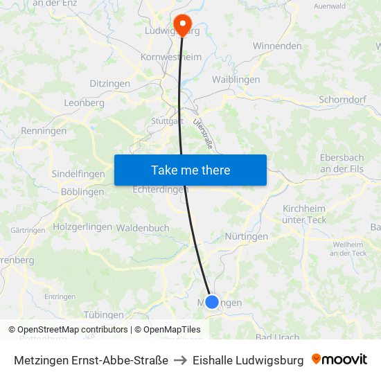 Metzingen Ernst-Abbe-Straße to Eishalle Ludwigsburg map