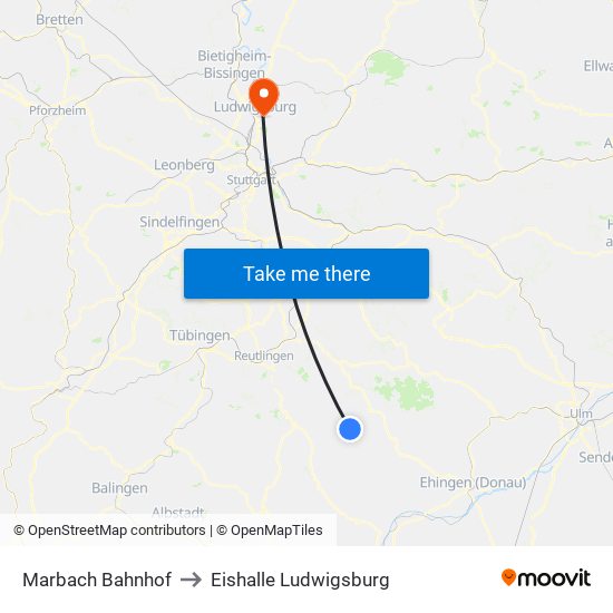 Marbach Bahnhof to Eishalle Ludwigsburg map