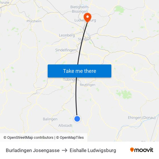 Burladingen Josengasse to Eishalle Ludwigsburg map