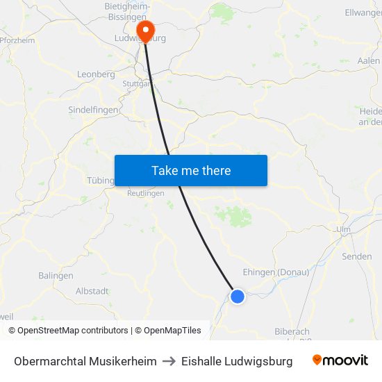 Obermarchtal Musikerheim to Eishalle Ludwigsburg map