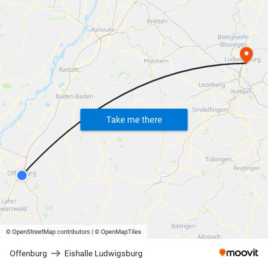 Offenburg to Eishalle Ludwigsburg map