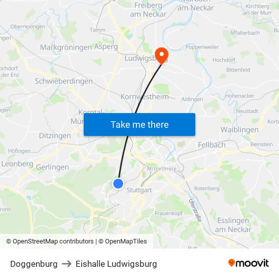 Doggenburg to Eishalle Ludwigsburg map