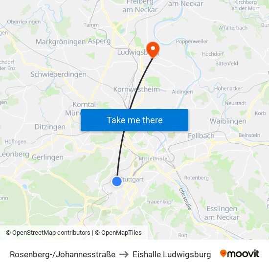 Rosenberg-/Johannesstraße to Eishalle Ludwigsburg map
