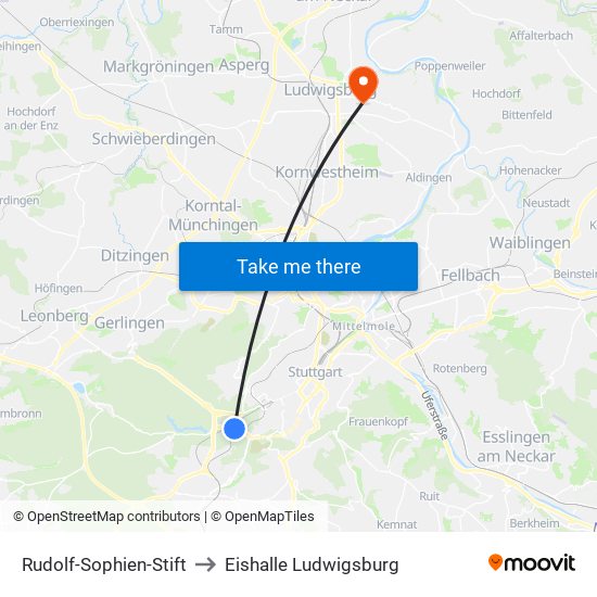 Rudolf-Sophien-Stift to Eishalle Ludwigsburg map