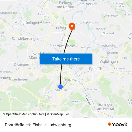 Postdörfle to Eishalle Ludwigsburg map