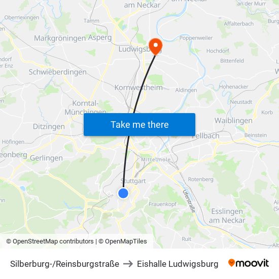 Silberburg-/Reinsburgstraße to Eishalle Ludwigsburg map